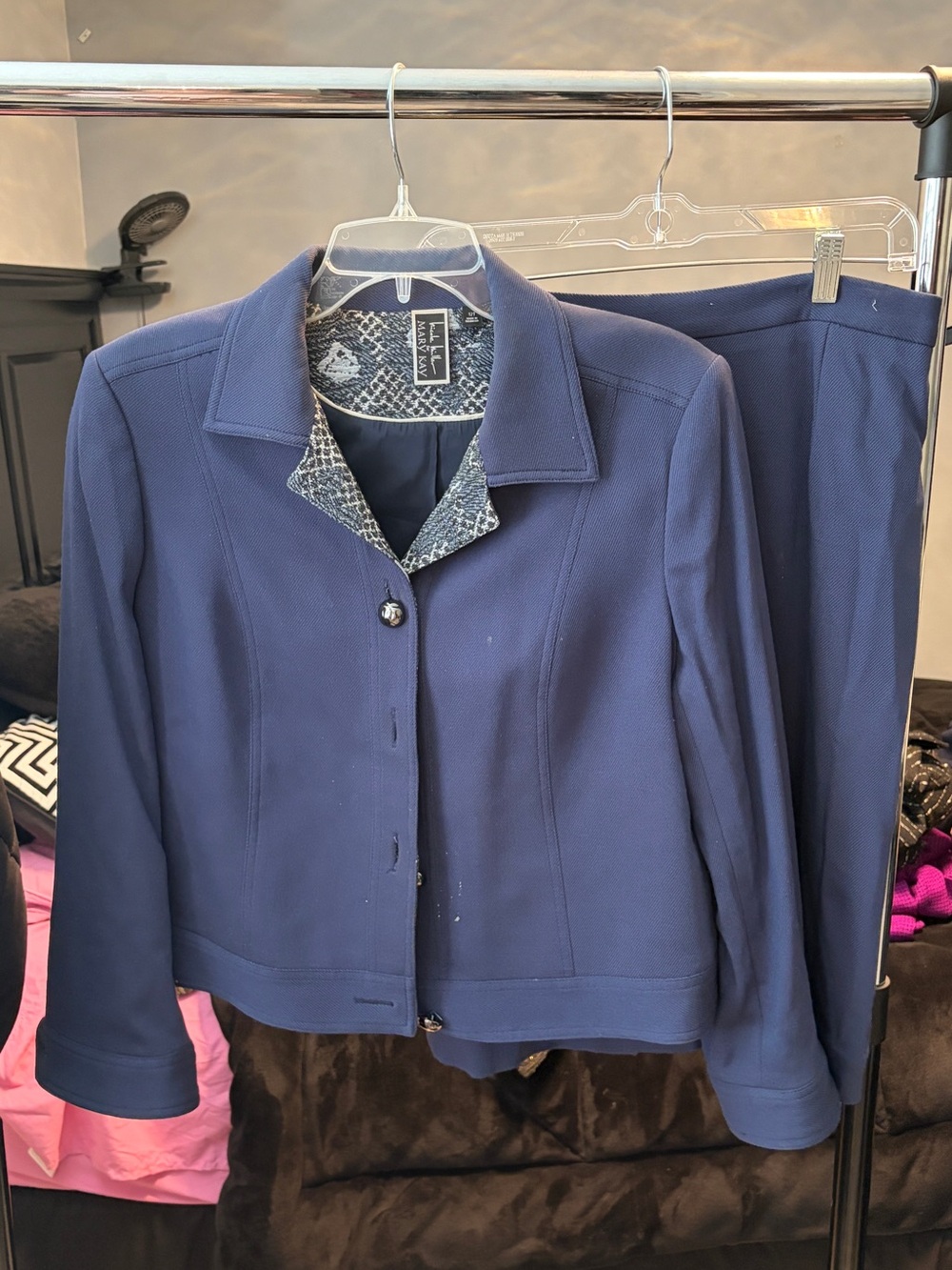 Mary Kay Navy Blue Women's Skirt and Suit Jacket with Patterned Trim